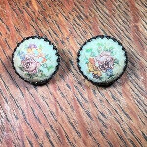 Vintage Sugared Cameo Floral Button Sign Germany Clip-On Earrings